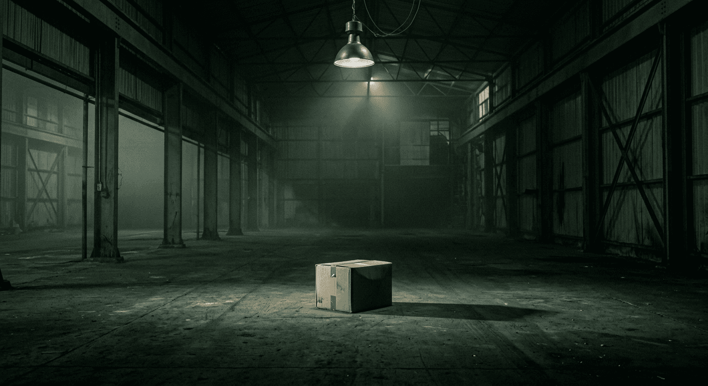 Un espacio vacío con una caja bajo una luz solitaria
